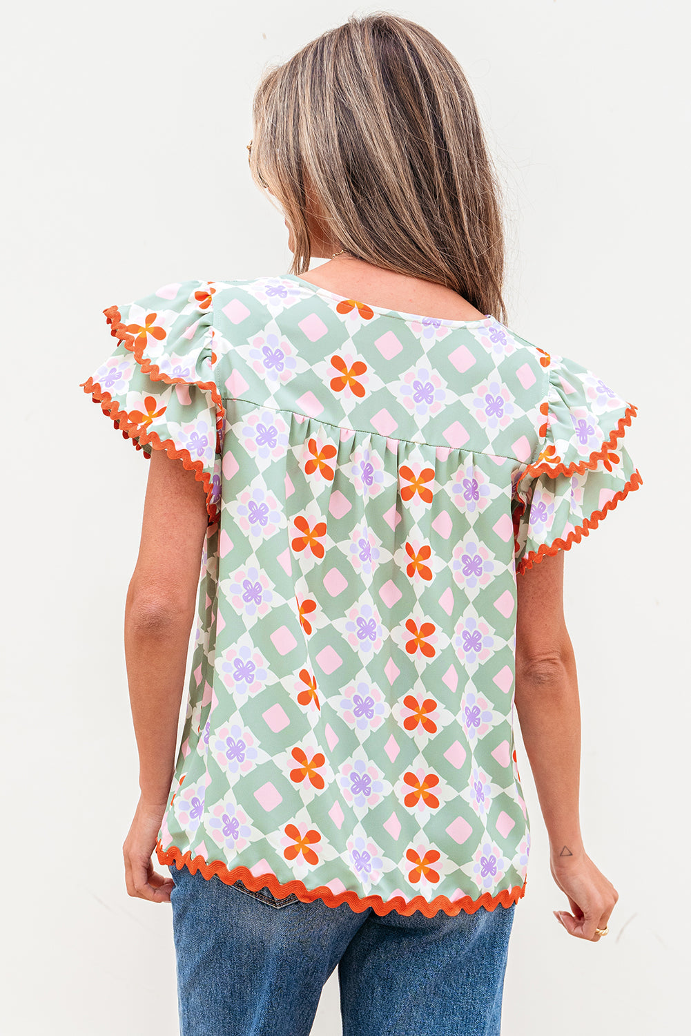 Belen Floral Layered Flutter Sleeve Rac Trim Blouse - Threaded Pear