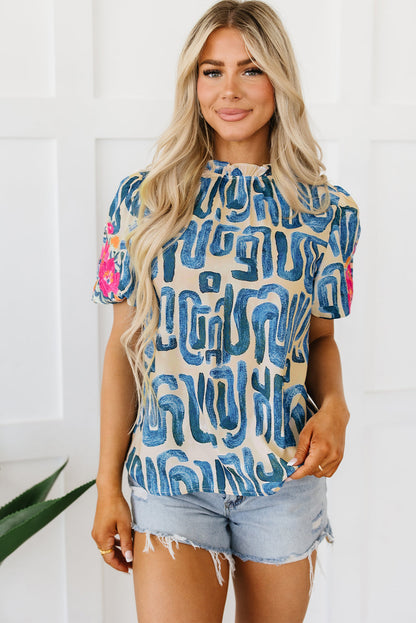 Lara Puff Sleeve Frilled Neck Printed Top - Threaded Pear