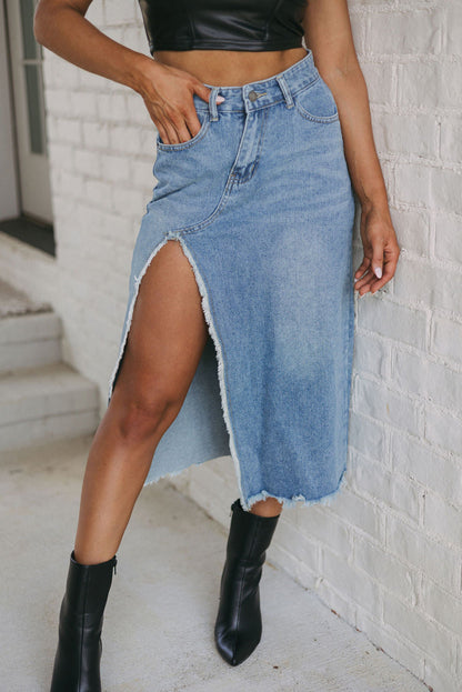 Cheyenne Frayed Slit Asymmetric Denim Midi Skirt - Threaded Pear