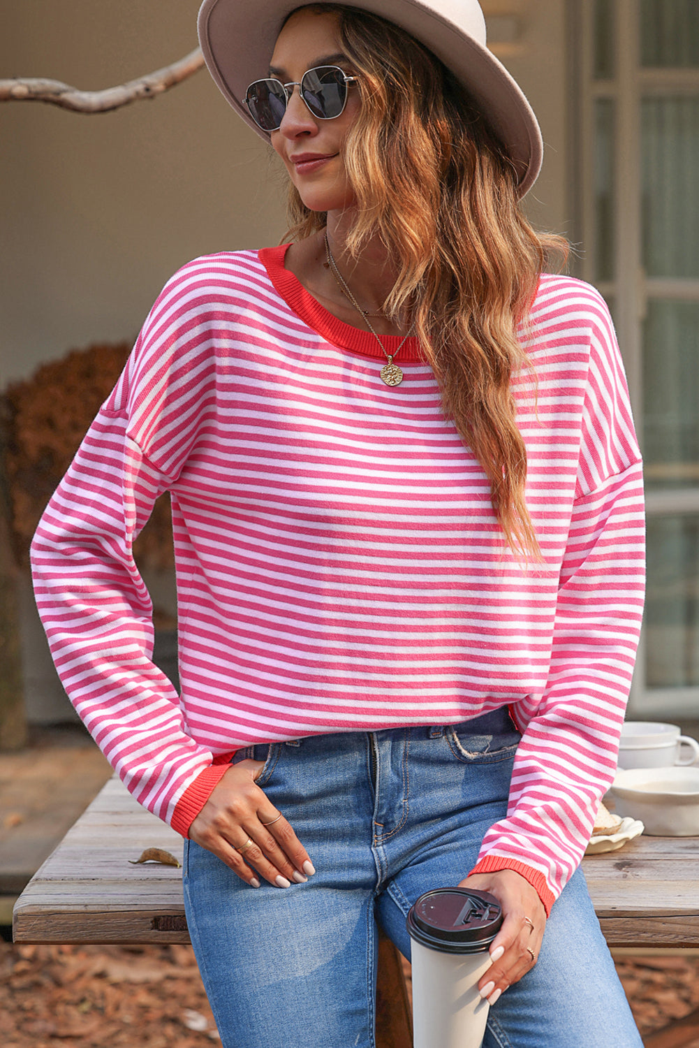 Madelynn Striped Drop Shoulder Sweater - Threaded Pear