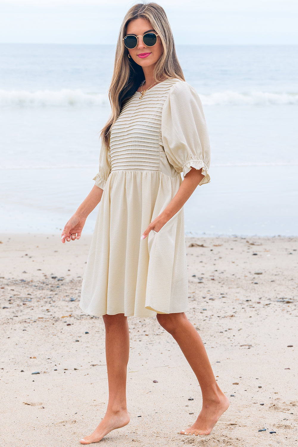 Dania Textured Ruffled Puff Sleeve Loose Dress - Threaded Pear