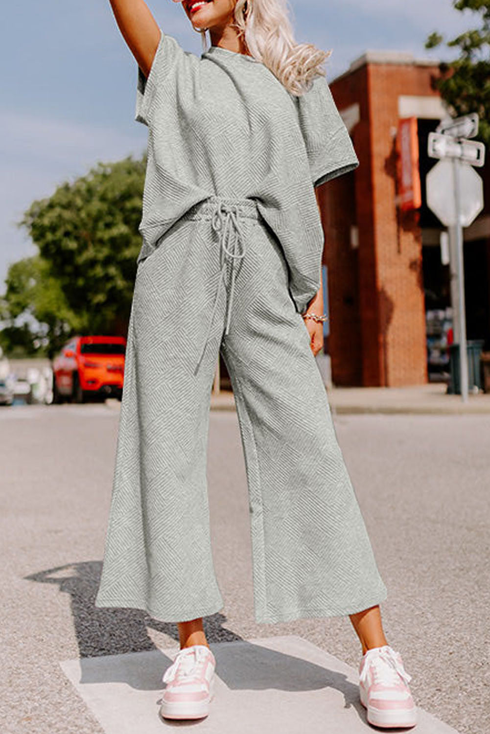 Black Textured Loose Fit T Shirt and Drawstring Pants Set - The Gold Cactus