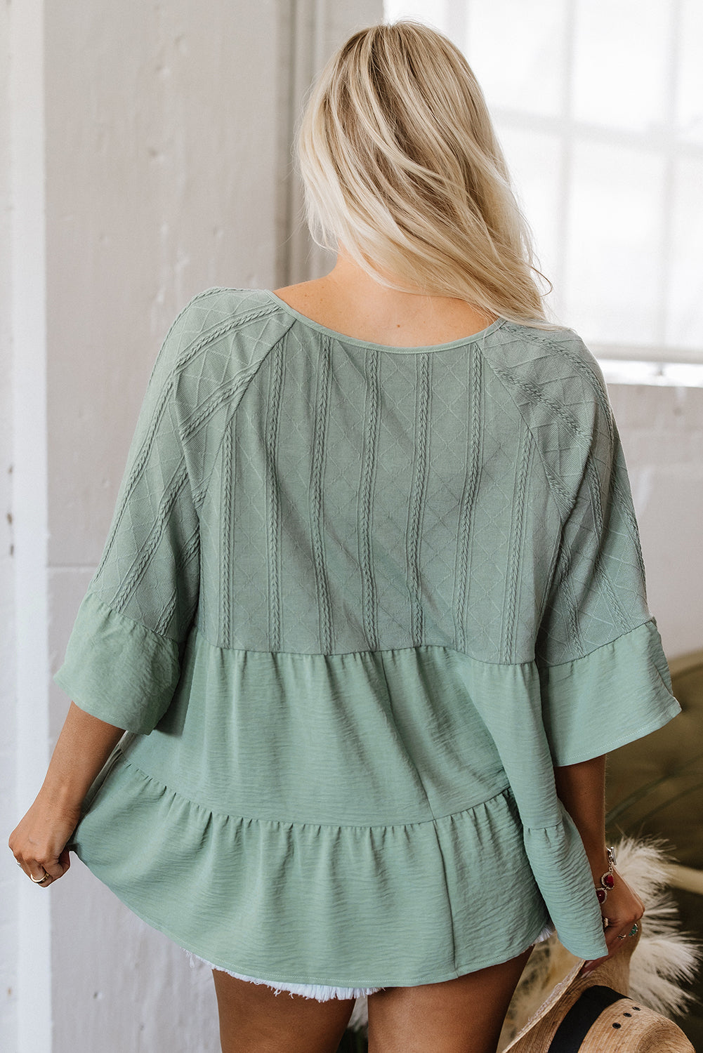 Ensley Tie Split Neck Textured Ruffle Patchwork Blouse - Threaded Pear