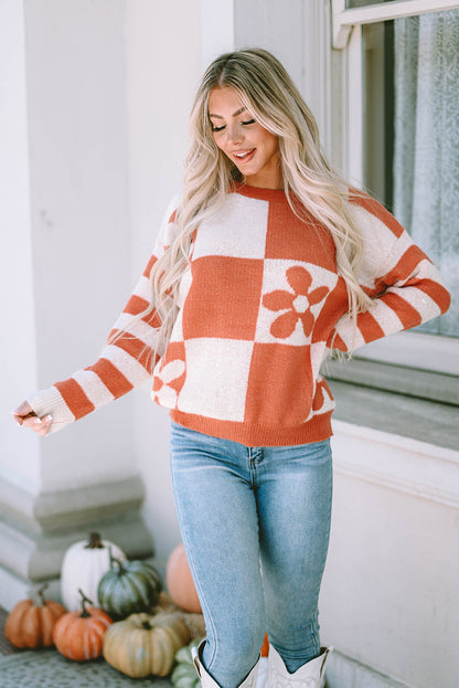 Miller Checkered Floral Striped Sleeve Sweater