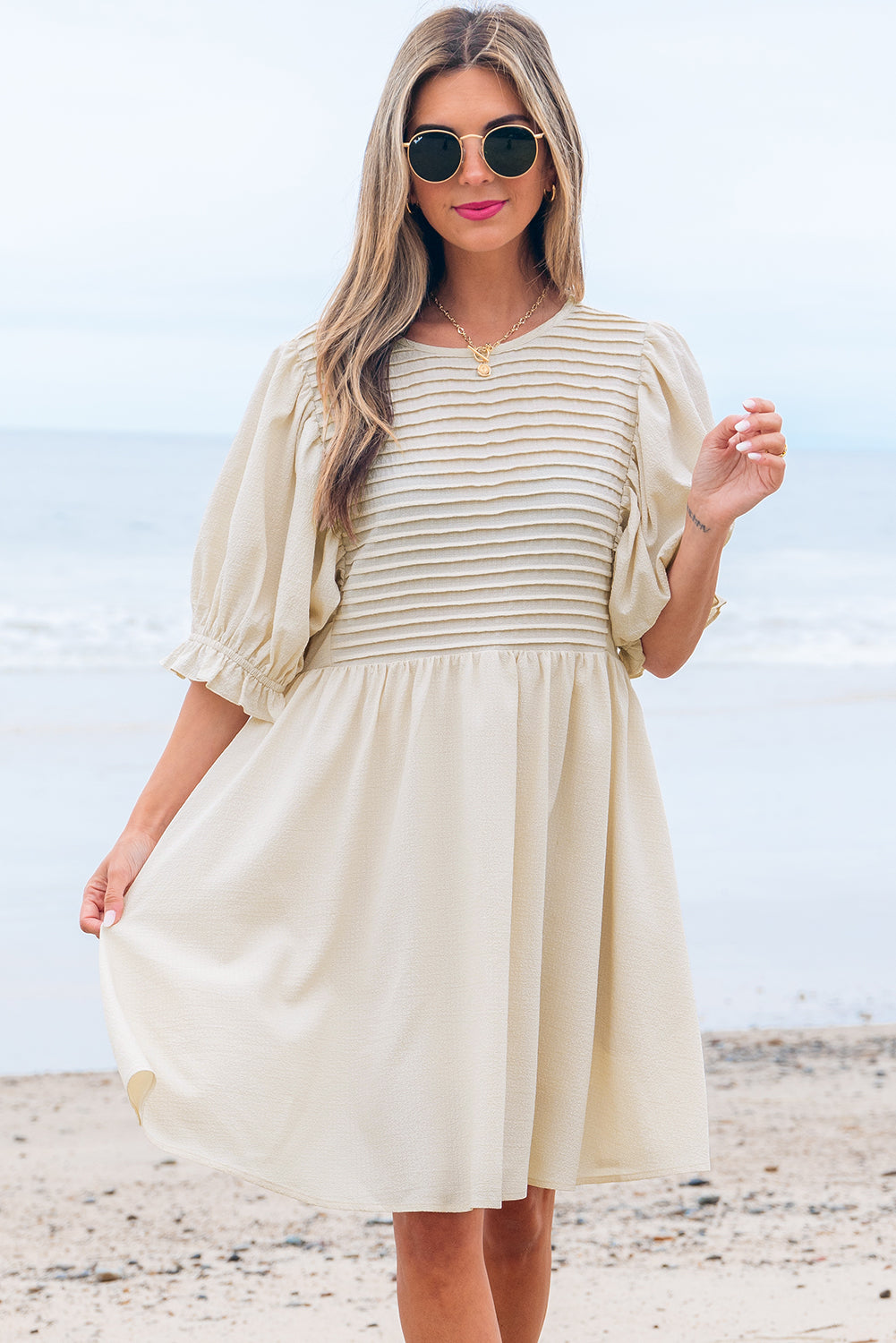 Dania Textured Ruffled Puff Sleeve Loose Dress - Threaded Pear