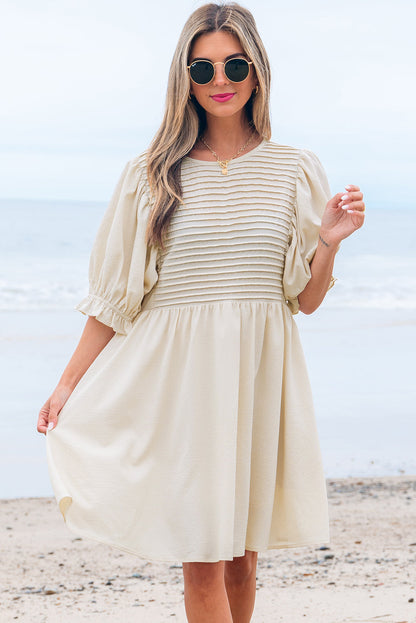 Dania Textured Ruffled Puff Sleeve Loose Dress - Threaded Pear