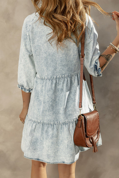 Zaylee Acid Wash Retro Half Sleeve Flared Denim Dress - Threaded Pear