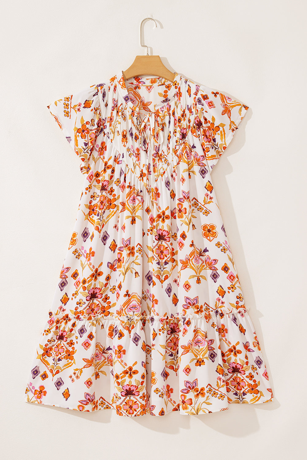 Marigold Floral Ruffled Trim Flutter Sleeve Dress - Threaded Pear