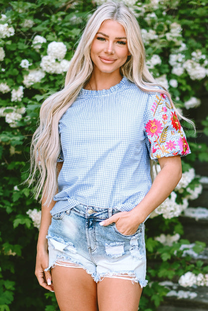 Pearl Gingham Floral Embroidered Puff Sleeve Blouse