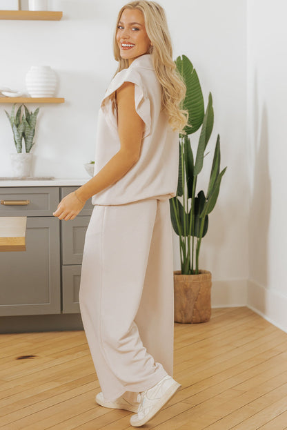 Kallie Ruffled Sleeve Zipped Top and Wide Leg Pants Set - Threaded Pear