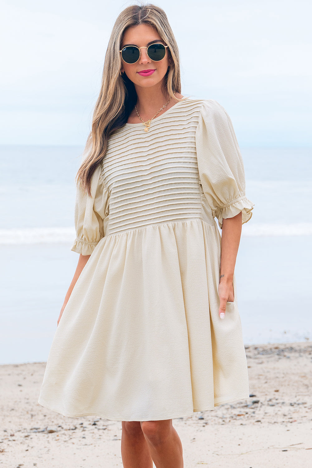Dania Textured Ruffled Puff Sleeve Loose Dress - Threaded Pear