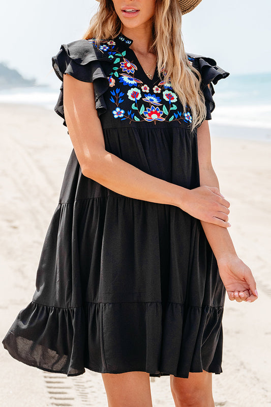 Veda Floral Embroidered Tiered Ruffled Mini Dress