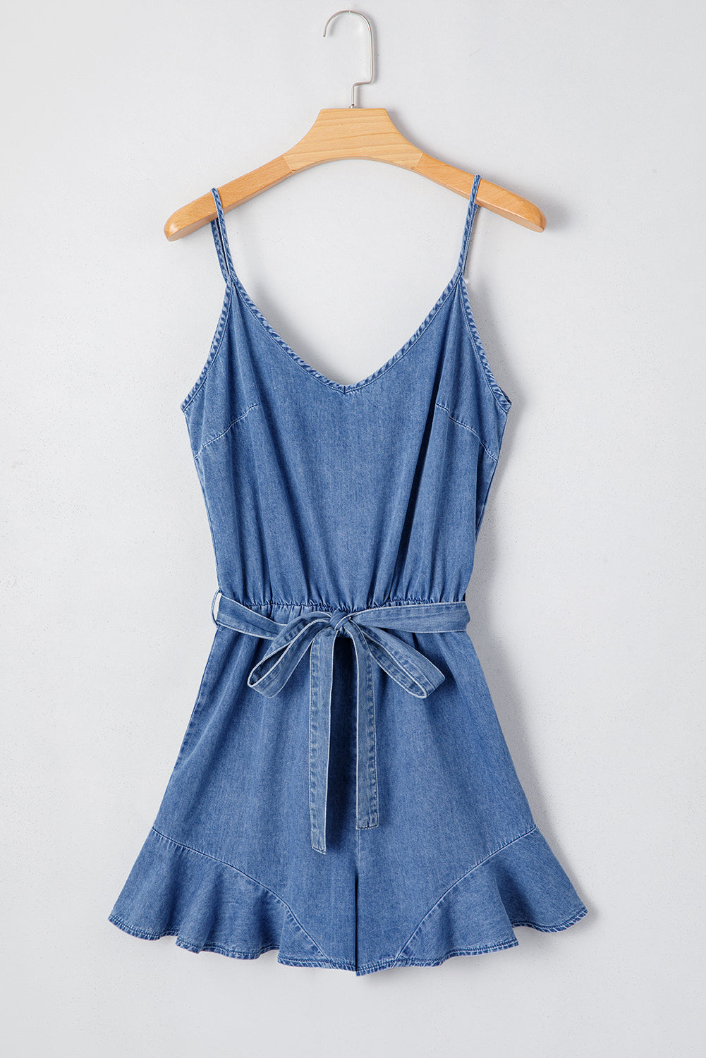 Aspyn Spaghetti Straps Ruffled Leg Chambray Romper - Threaded Pear