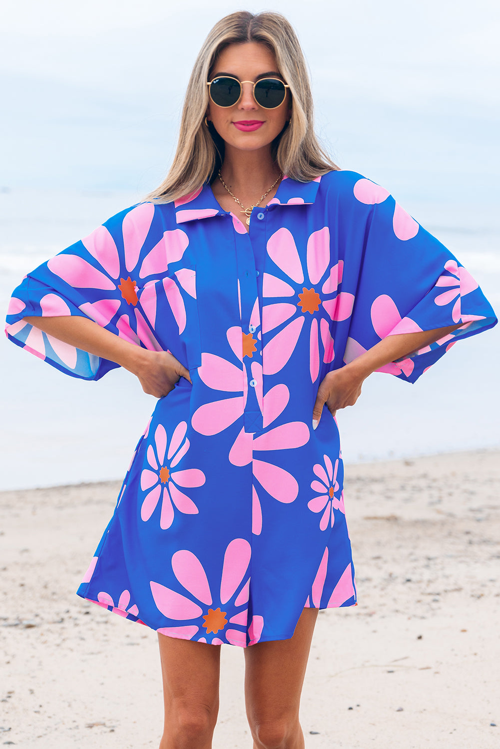 Ailany Flower Collar Button Front Loose Romper - Threaded Pear