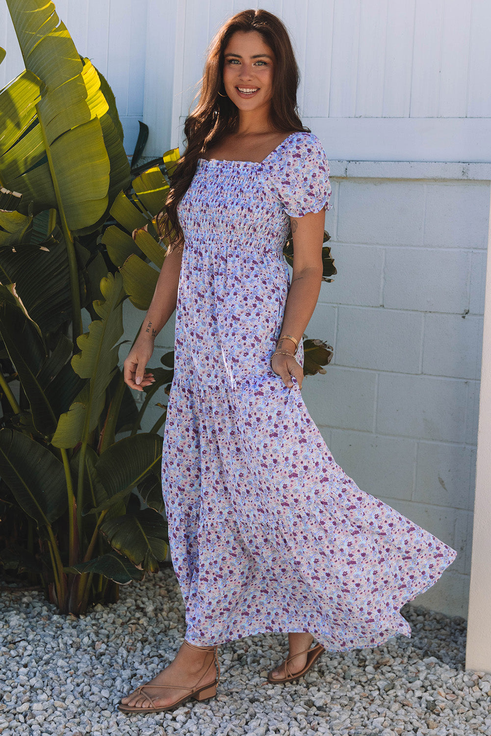 Lacey Floral Short Bubble Sleeve Maxi Dress - Threaded Pear