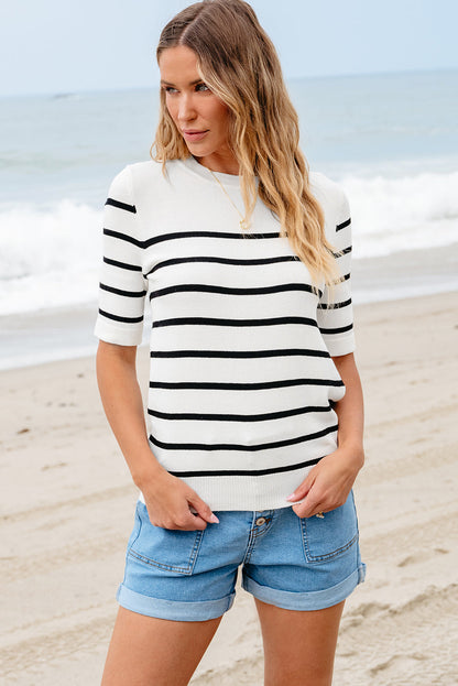 Maisy Striped Half Sleeve Knitted Top - Threaded Pear