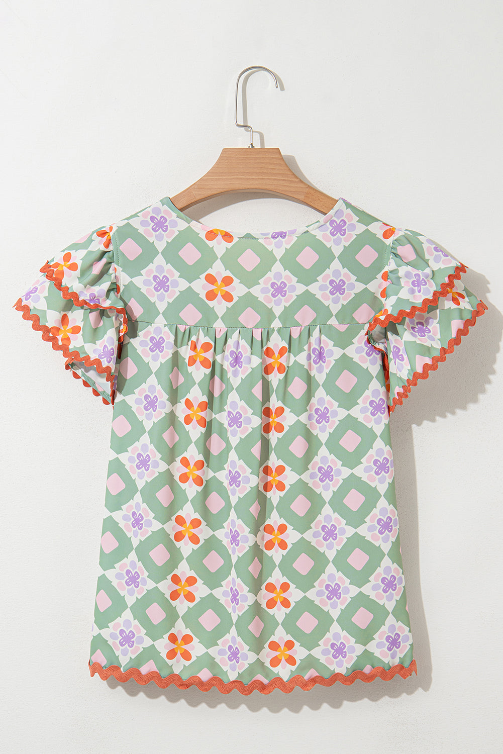 Belen Floral Layered Flutter Sleeve Rac Trim Blouse - Threaded Pear