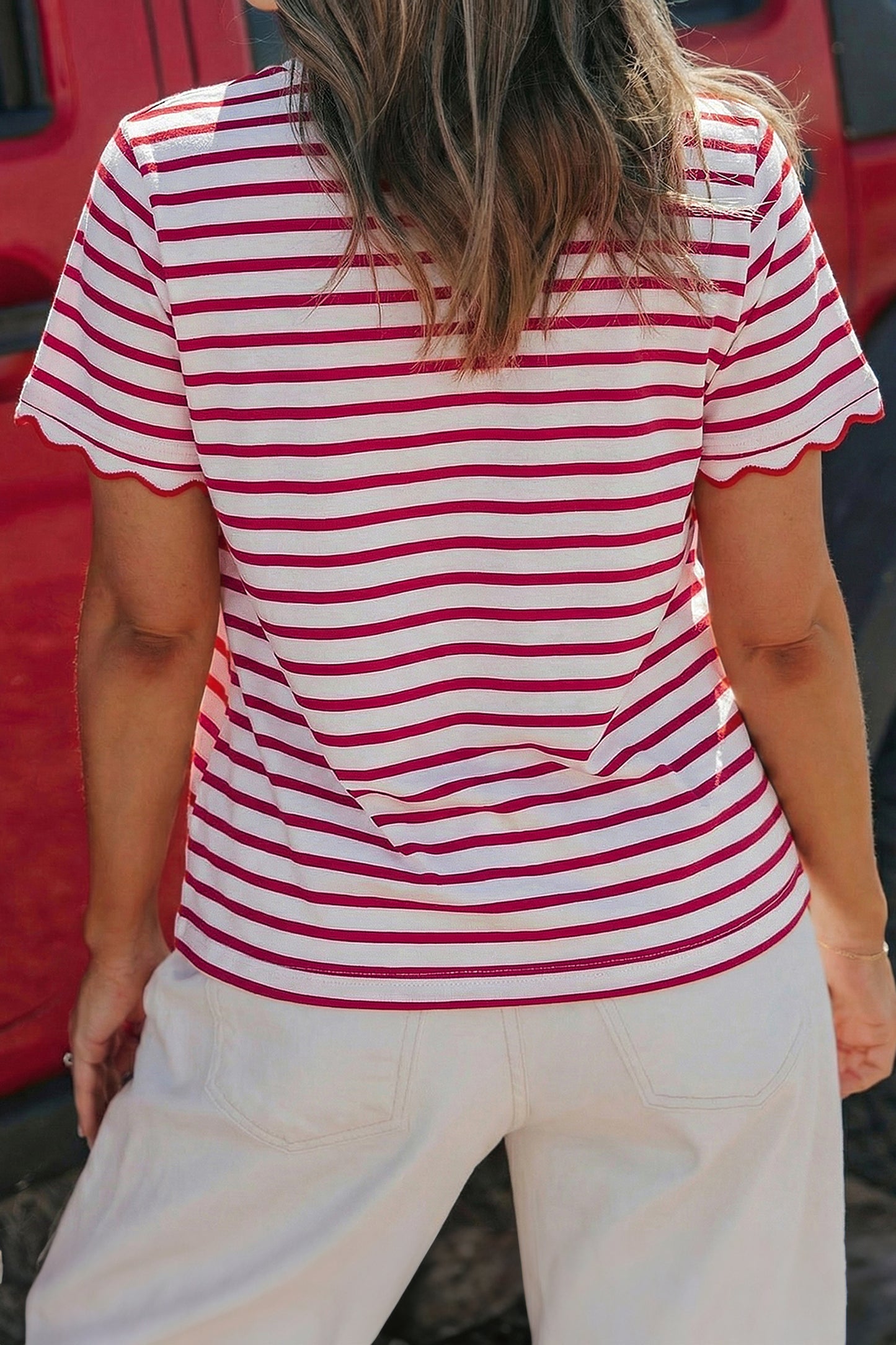 Ruby Red Stripe Scalloped T Shirt - The Gold Cactus