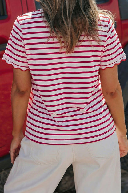 Ruby Red Stripe Scalloped T Shirt - The Gold Cactus