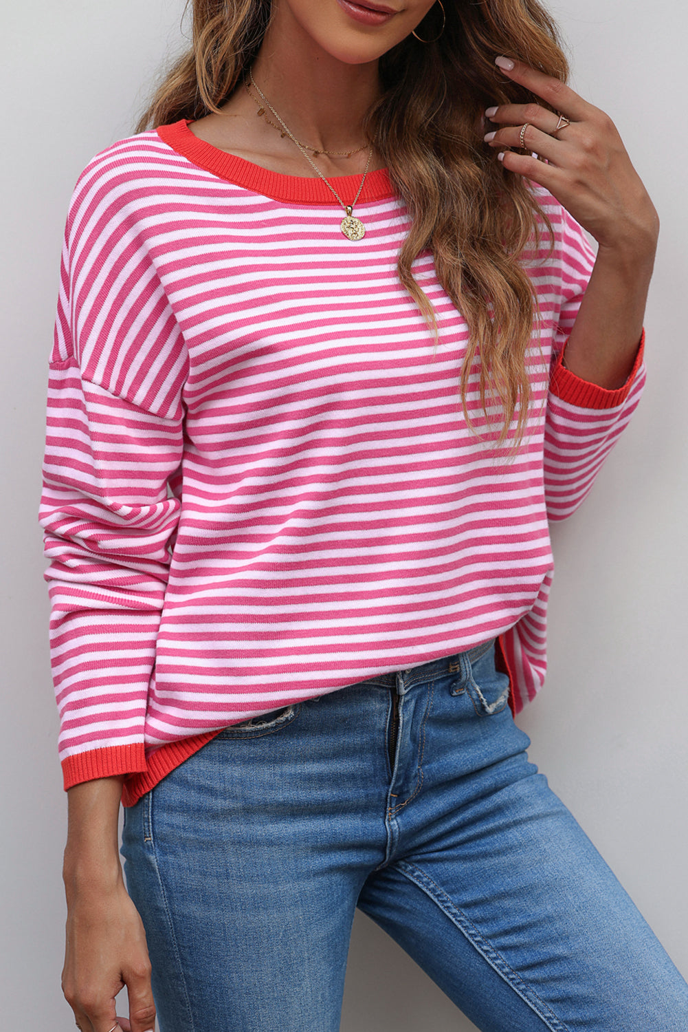 Madelynn Striped Drop Shoulder Sweater - Threaded Pear