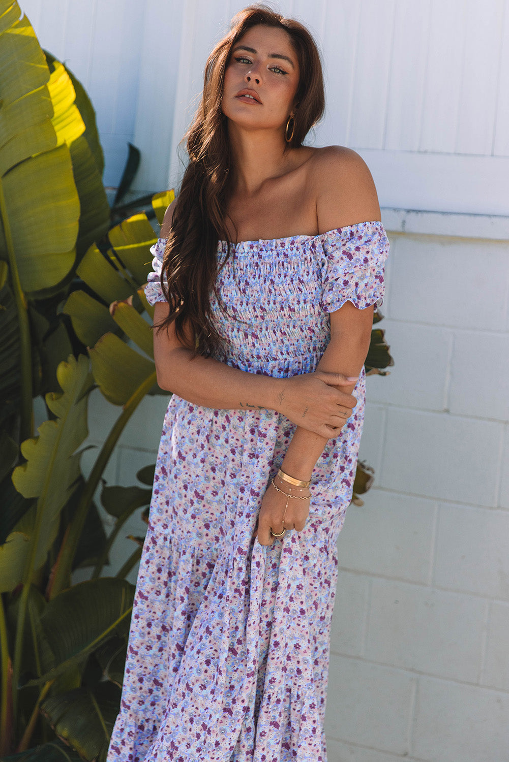 Lacey Floral Short Bubble Sleeve Maxi Dress - Threaded Pear