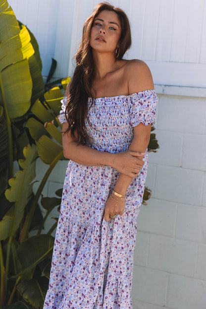 Lacey Floral Short Bubble Sleeve Maxi Dress - Threaded Pear