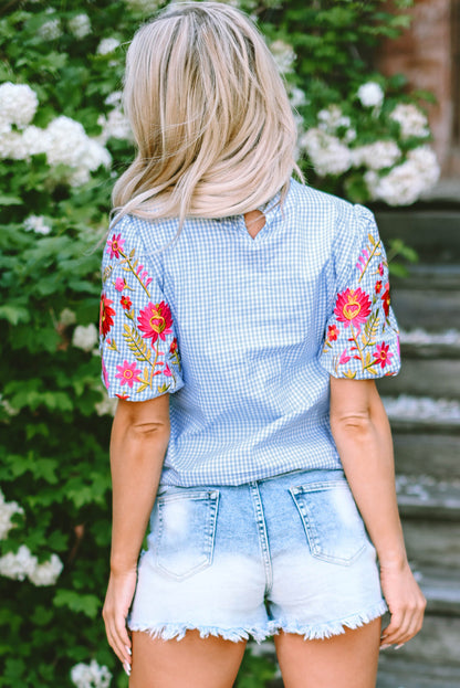 Pearl Gingham Floral Embroidered Puff Sleeve Blouse