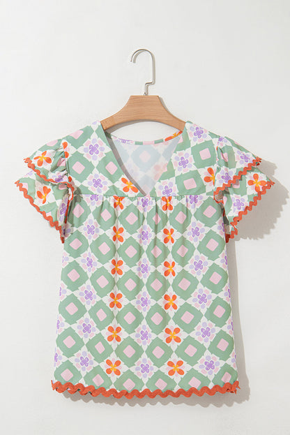 Belen Floral Layered Flutter Sleeve Rac Trim Blouse - Threaded Pear
