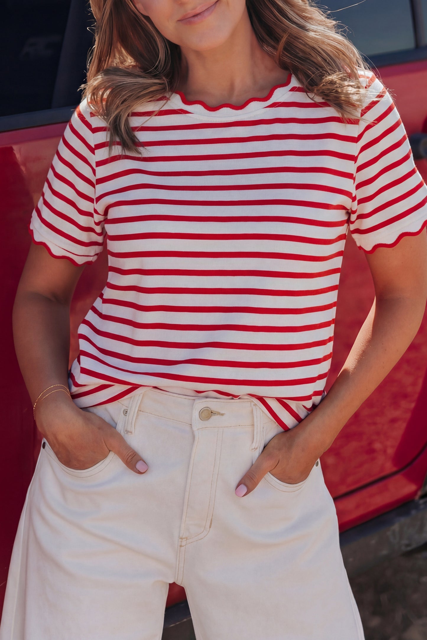 Ruby Red Stripe Scalloped T Shirt - The Gold Cactus