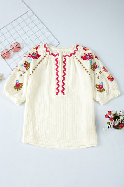 August Floral Embroidered Puff Sleeve Blouse