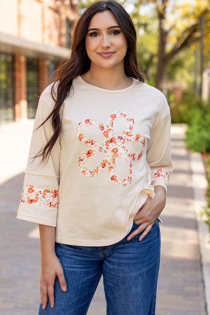 Flower Exposed Seam Wide Sleeve Top