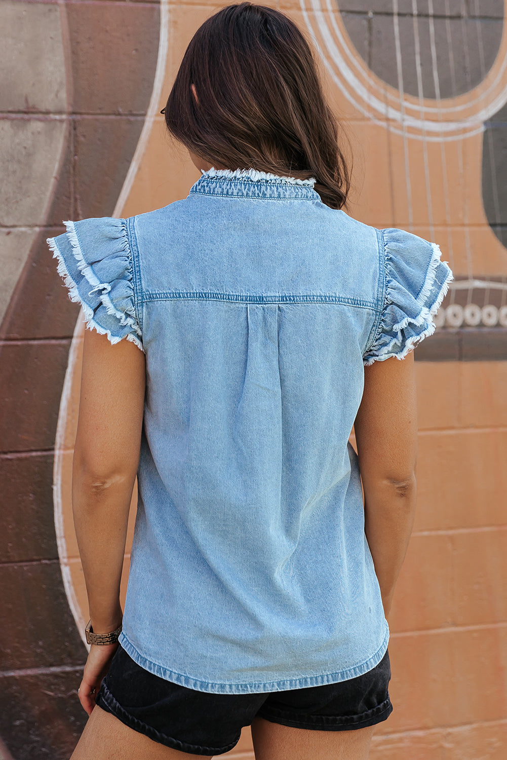 Ashlyn Ruffled Flutter Frayed Denim Top - Threaded Pear