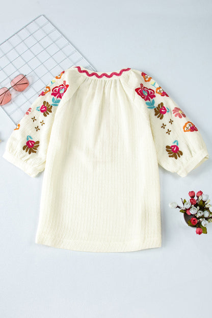 August Floral Embroidered Puff Sleeve Blouse