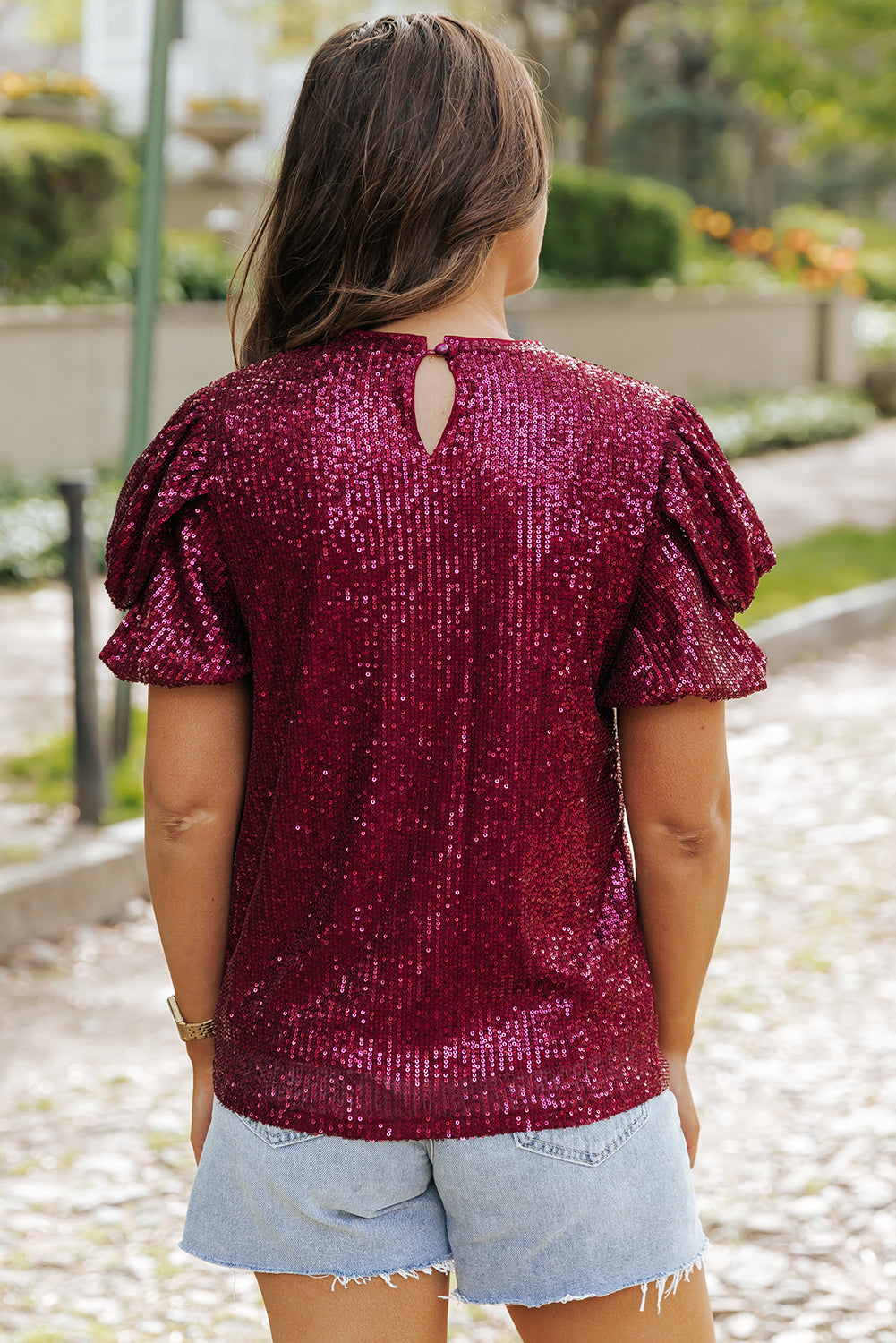 Lenora Glittering Sequin Short Bubble Sleeve Blouse - Threaded Pear