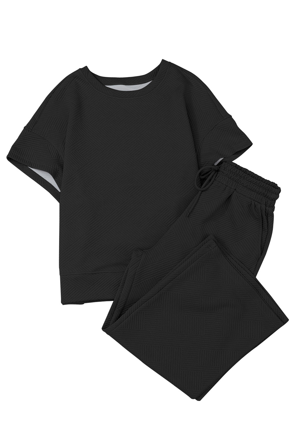 Black Textured Loose Fit T Shirt and Drawstring Pants Set - The Gold Cactus