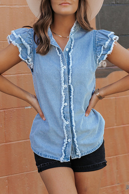 Ashlyn Ruffled Flutter Frayed Denim Top - Threaded Pear