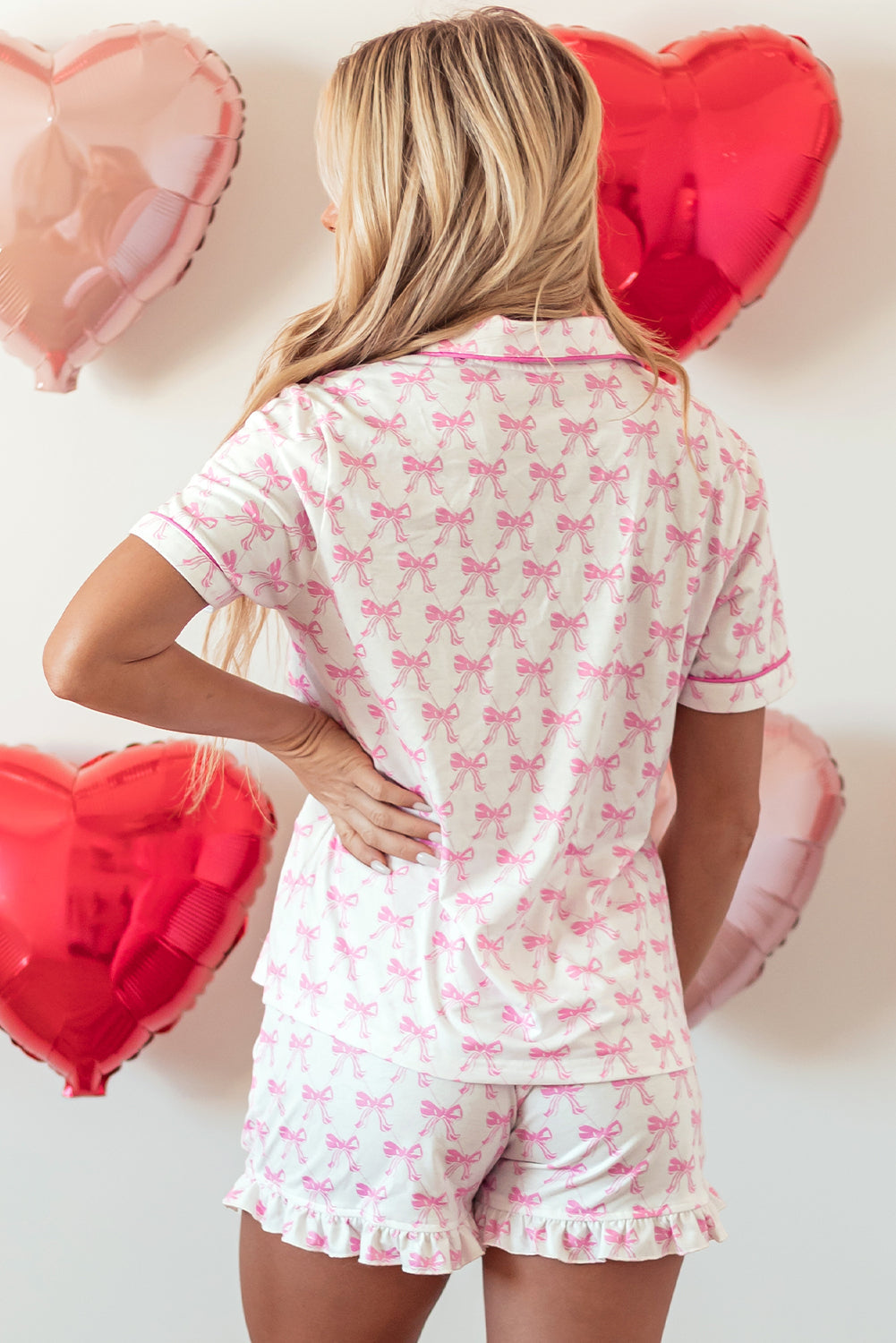 Bow Short Sleeve and Ruffled Shorts Pajama Set