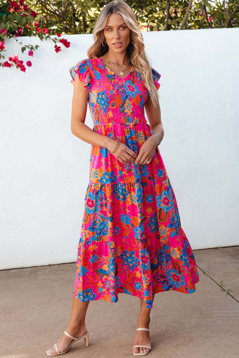 Kamari Boho Floral V Neck Ruffle Tiered Long Dress - Threaded Pear
