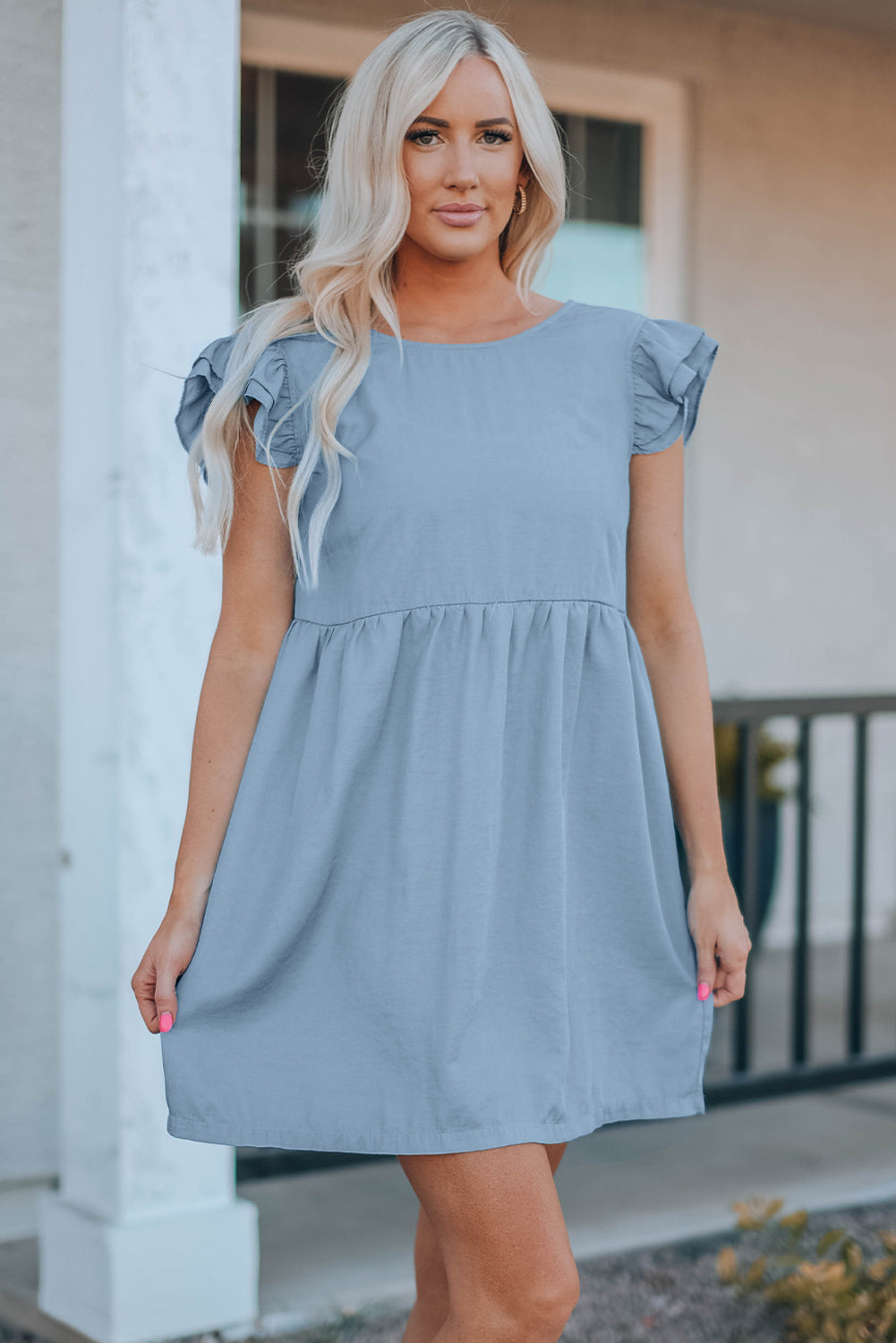 Ellis Flutter Sleeve Ruched Denim Casual Dress - Threaded Pear