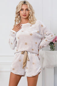 White Plush Star Pattern Long Sleeve Pullover and Shorts Lounge Set - The Gold Cactus
