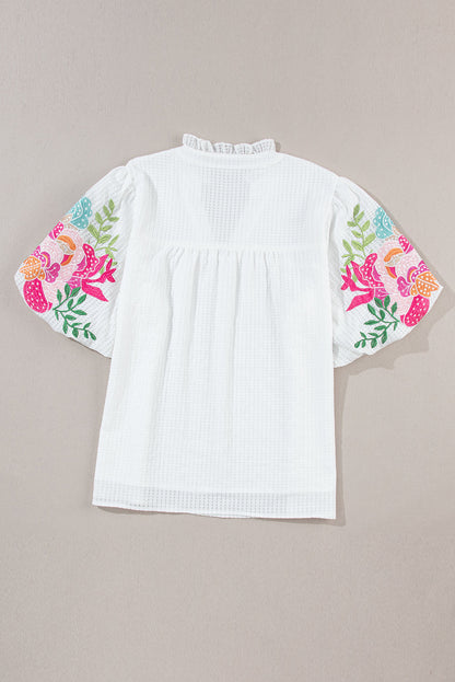 Priscilla Embroidered Puff Sleeve Notched Neck Blouse