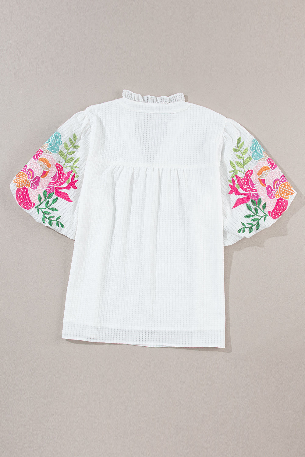 Priscilla Embroidered Puff Sleeve Notched Neck Blouse - Threaded Pear