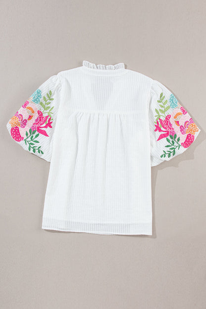 Priscilla Embroidered Puff Sleeve Notched Neck Blouse - Threaded Pear