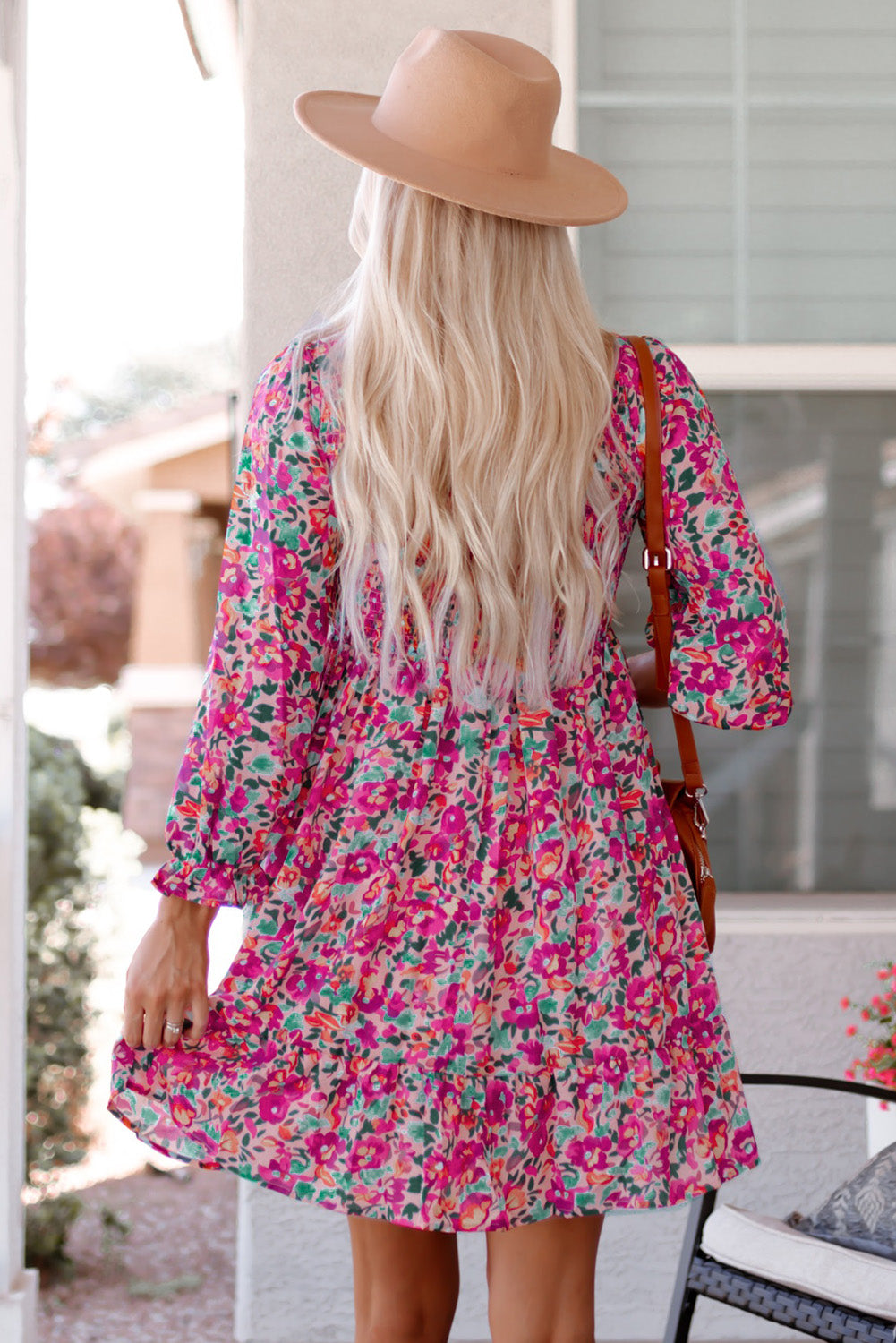 Mikaela Smocked V Neck Puffy Sleeve Floral Dress - Threaded Pear