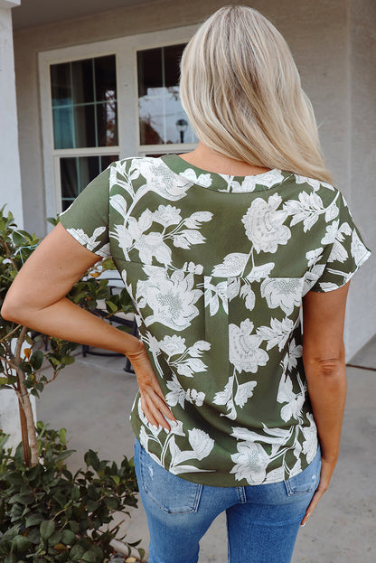 Floral Split Neck Short Sleeve Blouse - Threaded Pear