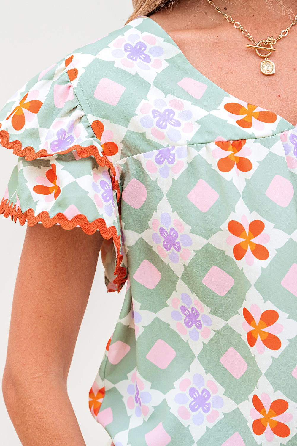 Belen Floral Layered Flutter Sleeve Rac Trim Blouse - Threaded Pear