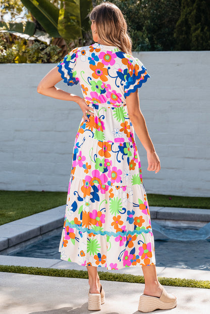 Alena Ricrac Trim Flutter Sleeve Buttoned Floral Maxi Dress