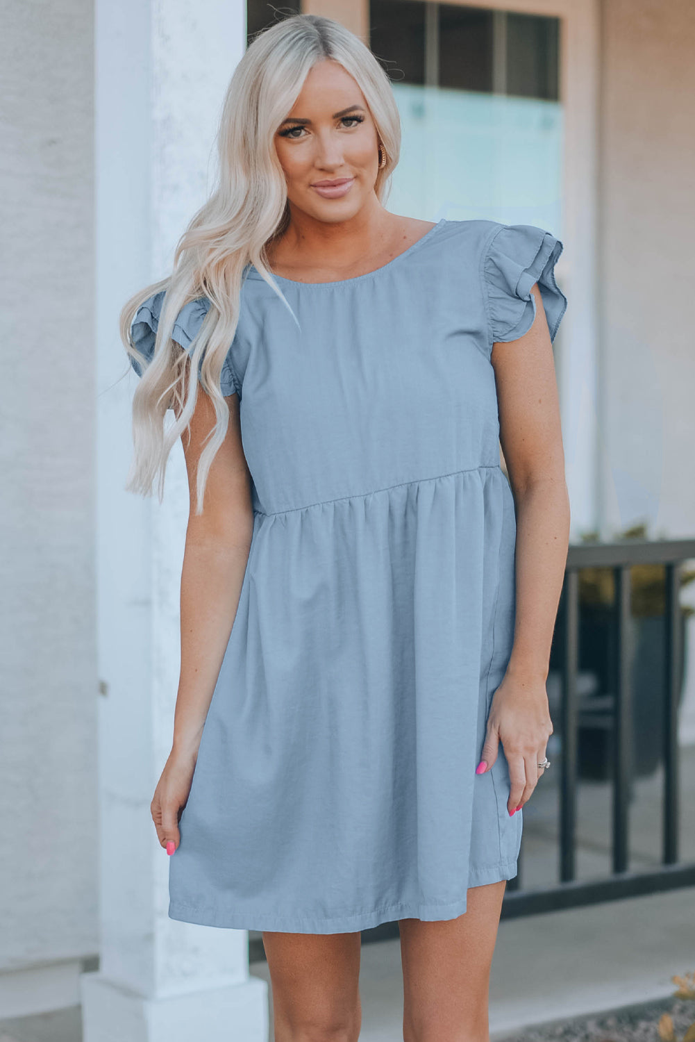 Ellis Flutter Sleeve Ruched Denim Casual Dress - Threaded Pear