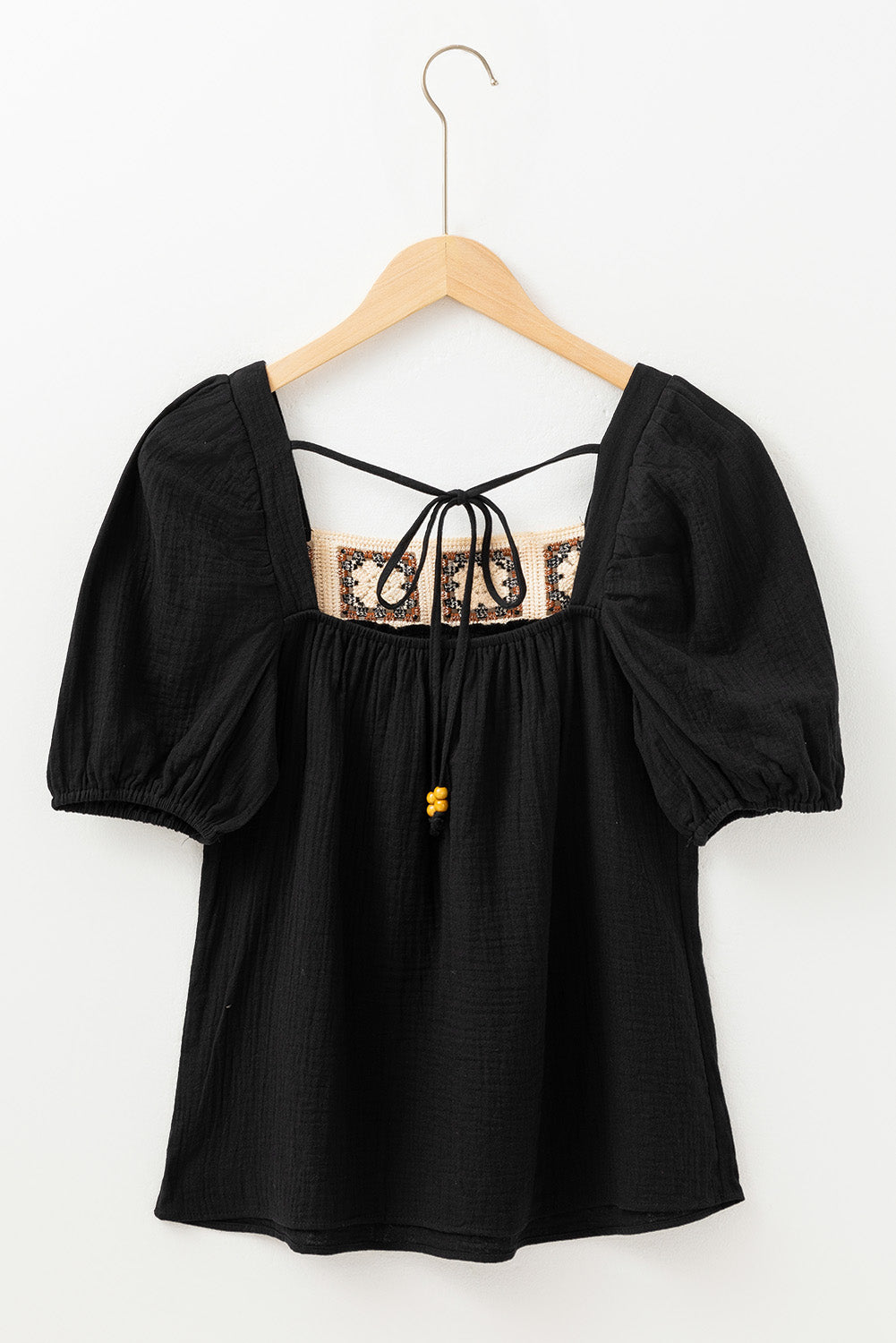 DAVINA CROCHET SQUARE NECK TEXTURED SHORT SLEEVE BLOUSE - Threaded Pear