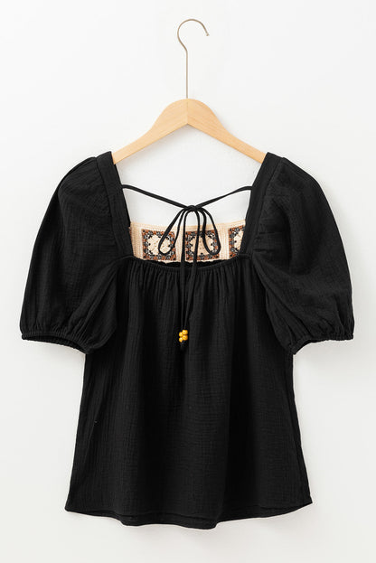 DAVINA CROCHET SQUARE NECK TEXTURED SHORT SLEEVE BLOUSE - Threaded Pear